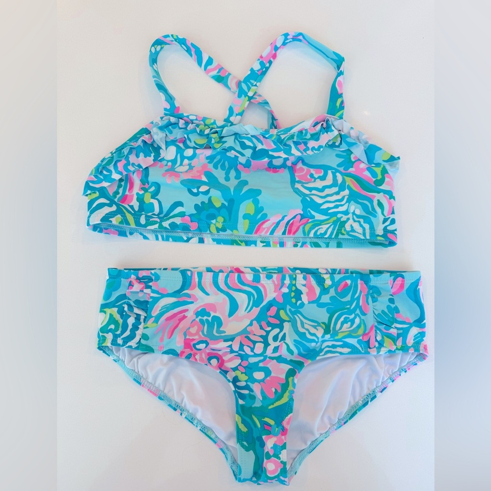 Lilly Pulitzer Blue and Pink Bikini with Tropical Print.   Girls Size 12